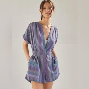 Anthropologie Breezy Blue and Purple Striped Romper Womens Size L - 100% Cotton